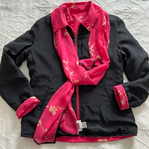 100% Silk reversible front zip jacket black and hot pink  matching scarf - Picture 3 of 11
